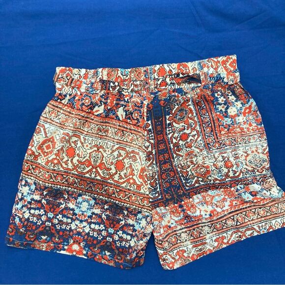 One 5 One Abstract Print Shorts SZ M Blue Orange Summer Elastic Waist Tie Belt - Picture 2 of 11